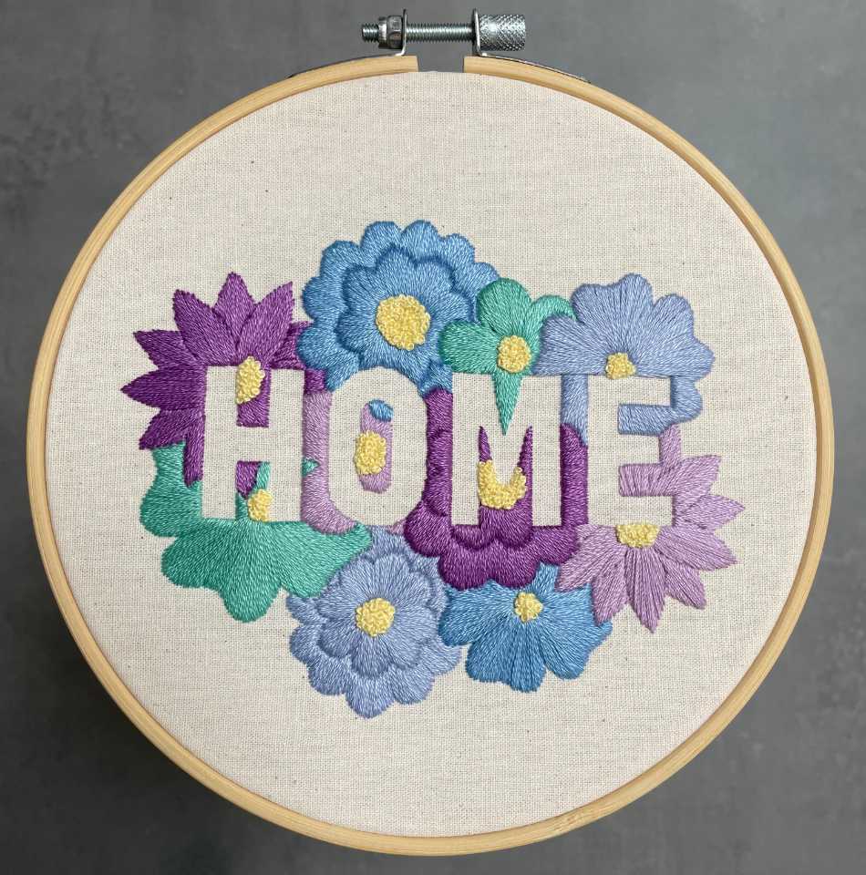 "Home" embroidery hoop utilising a negative space design. This is the third iteration of this hoop design, and my favourite so far.