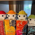 The first half of my mushroom amigurumi rainbow, on top of my book rainbow